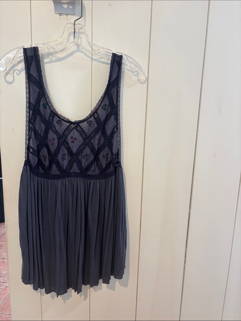 Free People Navy Mesh & Lace Embroidered Tank